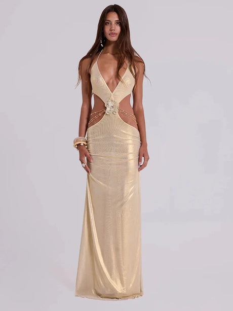 Selmori Roxane Satin Halter Neck Cutout Maxi Dress