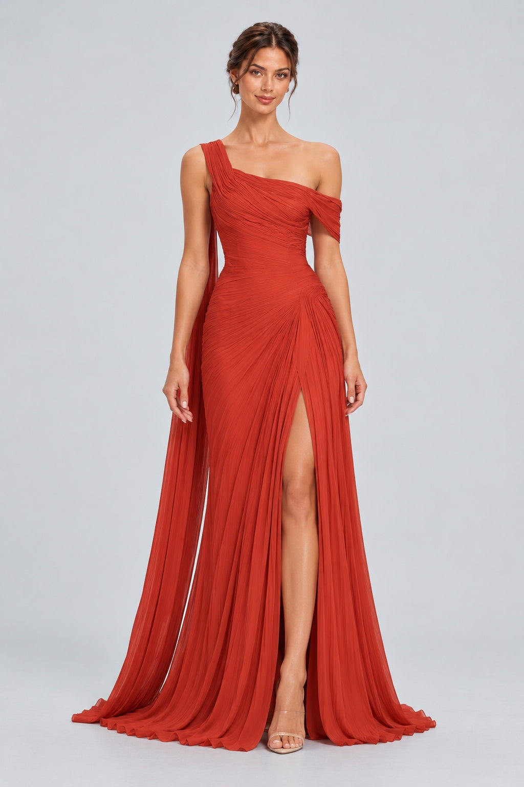 Séravelle Asymmetric Ruched Pleated Maxi Dress with Shoulder Drape - Red_-_selmori.com_-_01