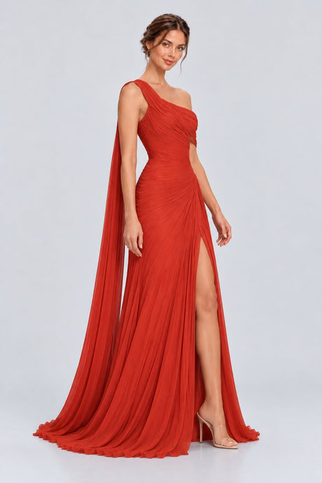 Séravelle Asymmetric Ruched Pleated Maxi Dress with Shoulder Drape - Red_-_selmori.com_-_06