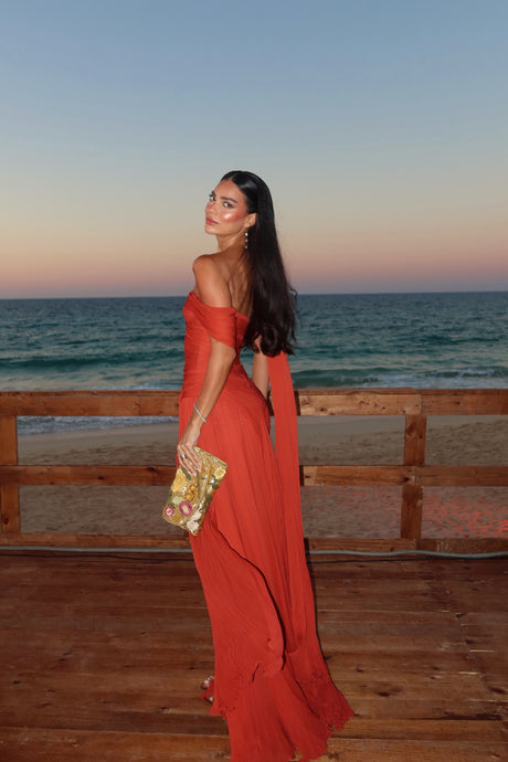 Séravelle Asymmetric Ruched Pleated Maxi Dress with Shoulder Drape - Red_-_selmori.com_-_12
