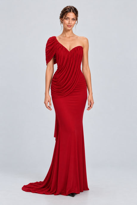 Séréna One Shoulder Draped Maxi Dress - Red_-_selmori.com_-_01
