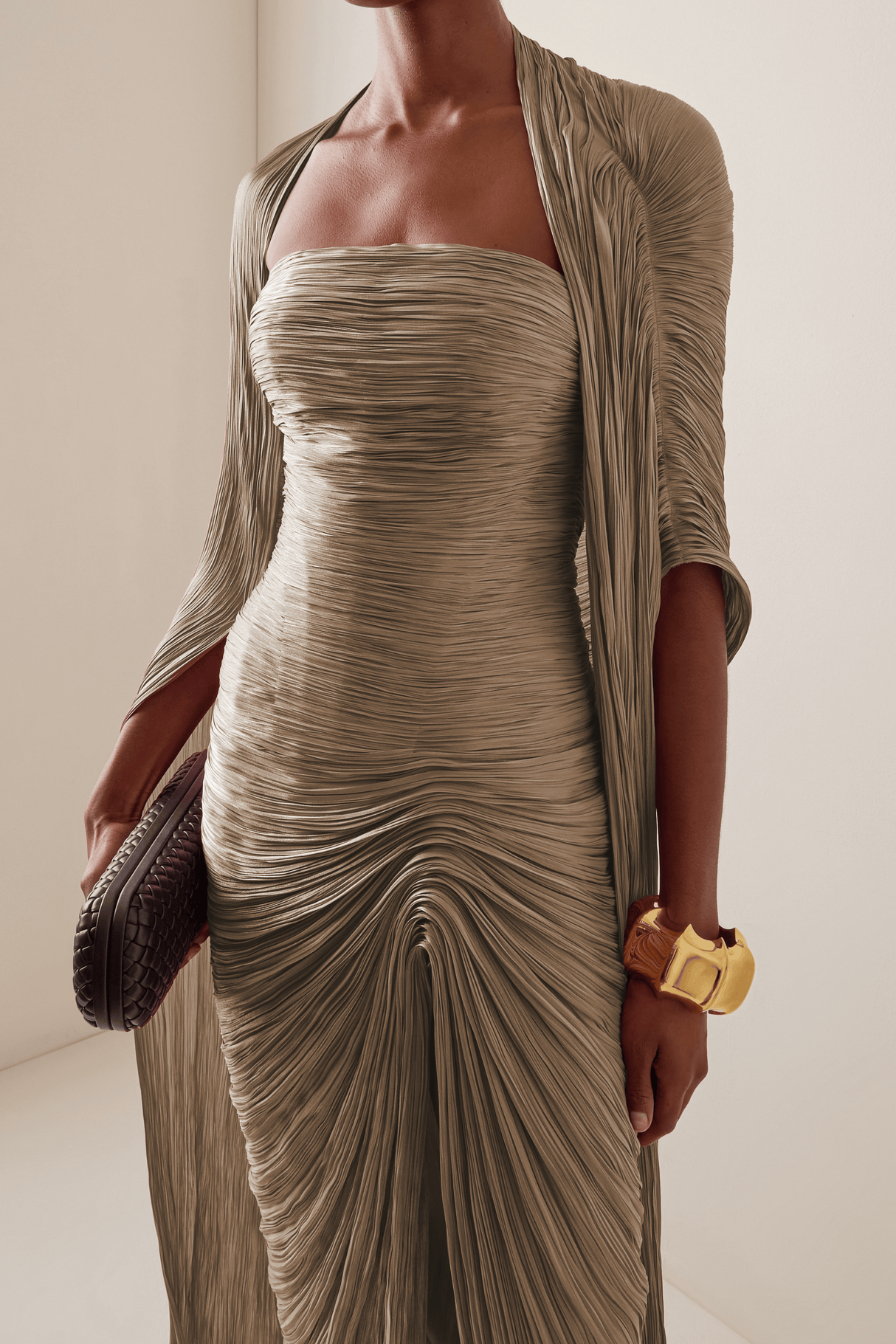 Vandale Strapless High Slit Cape Maxi Dress / Brown