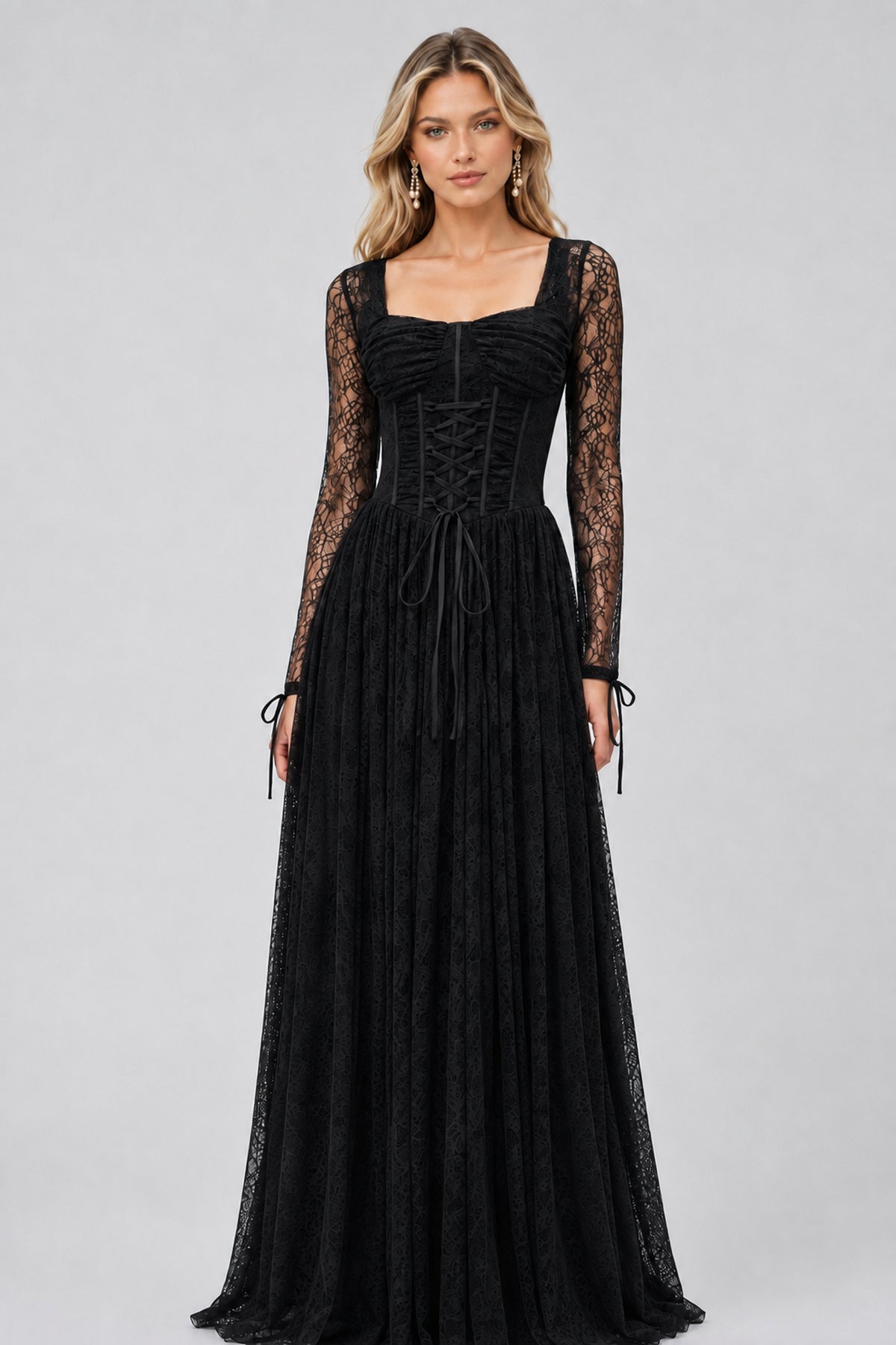 Soléanne Square-Neck Floral-Lace Corset Maxi Dress - Black_-_selmori.com_-_01