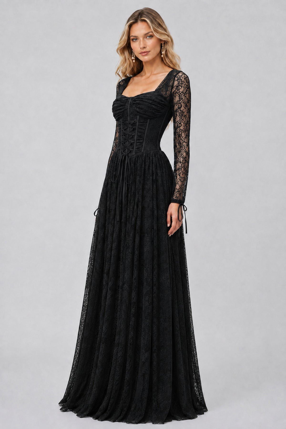 Soléanne Square-Neck Floral-Lace Corset Maxi Dress - Black_-_selmori.com_-_05