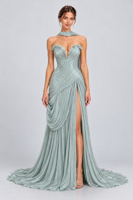 Sylviane Strapless Pleated Slit Maxi Dress with Neck Sash - Green_-_selmori.com_-_01