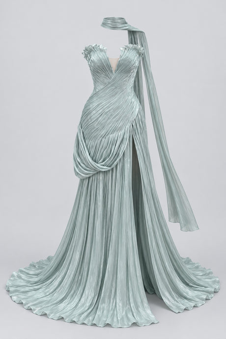 Sylviane Strapless Pleated Slit Maxi Dress with Neck Sash - Green_-_selmori.com_-_03