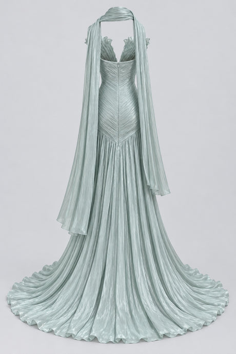 Sylviane Strapless Pleated Slit Maxi Dress with Neck Sash - Green_-_selmori.com_-_04