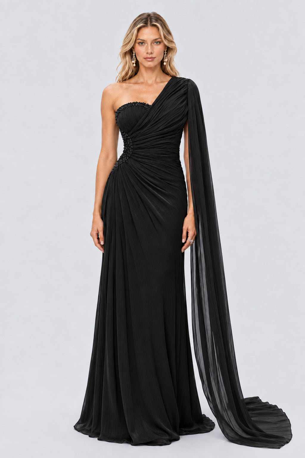 Tiphaine One Shoulder Ruched Maxi Dress - Black_-_selmori.com_-_01