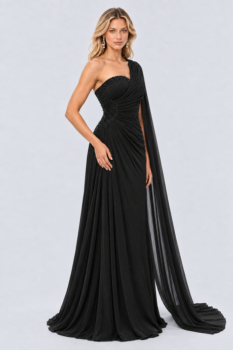 Tiphaine One Shoulder Ruched Maxi Dress - Black_-_selmori.com_-_06