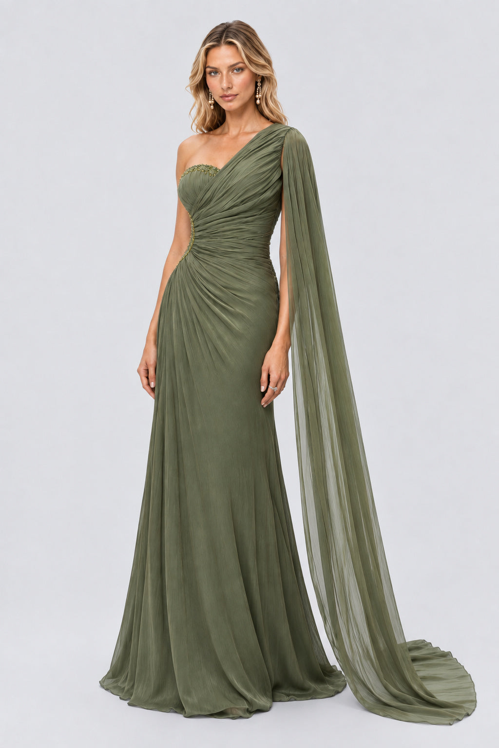 Tiphaine One Shoulder Ruched Maxi Dress - Green_-_selmori.com_-_05