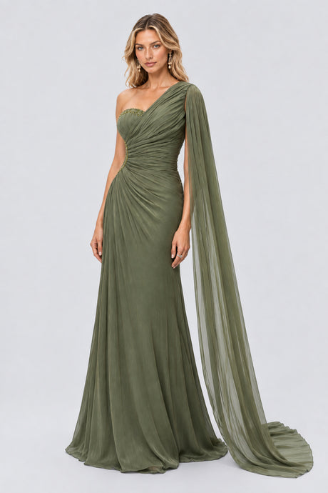 Tiphaine One Shoulder Ruched Maxi Dress - Green_-_selmori.com_-_05