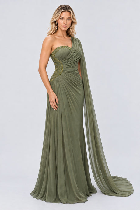 Tiphaine One Shoulder Ruched Maxi Dress - Green_-_selmori.com_-_06
