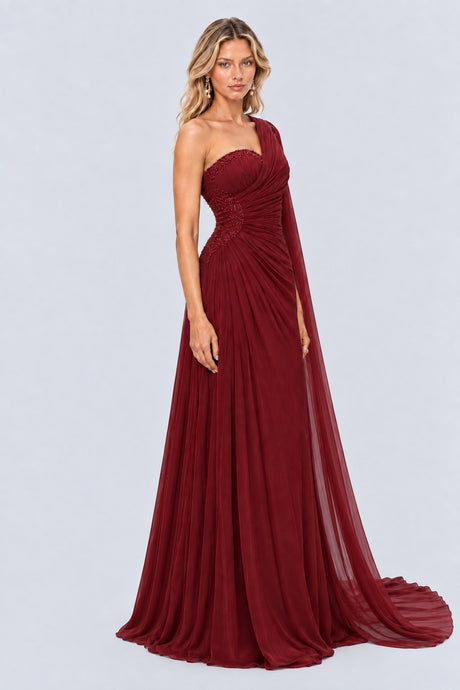 Tiphaine One Shoulder Ruched Maxi Dress - Red_-_selmori.com_-_06