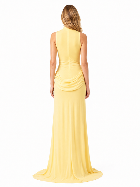 Vague Yellow Halter Draped Waist Slit Maxi Dress