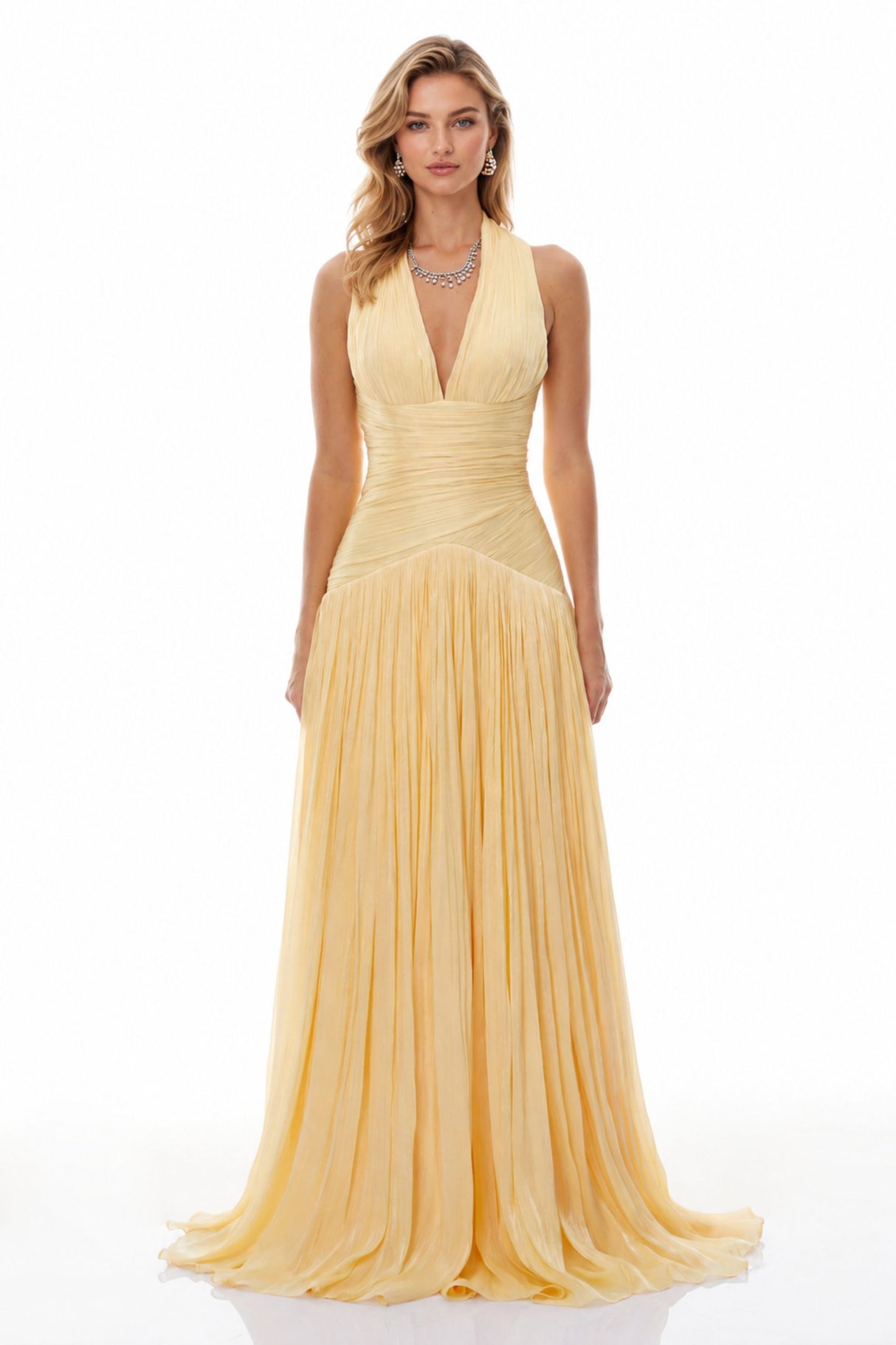Verdelune Halter Pleated Slit Maxi Dress Yellow