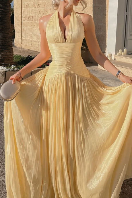 Verdelune Halter Pleated Slit Maxi Dress