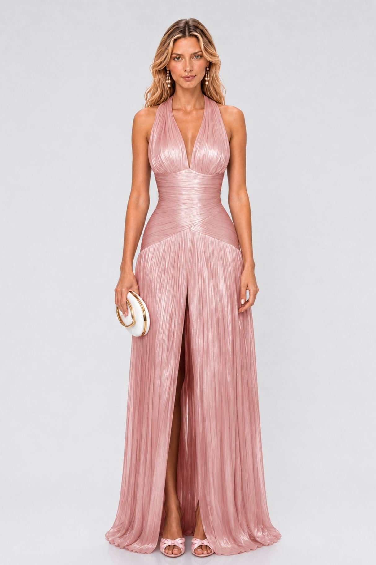 Verdelune Halter Pleated Slit Maxi Dress