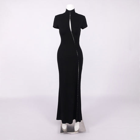 Vespera Black Keyhole Maxi Dress with High Thigh Slit
