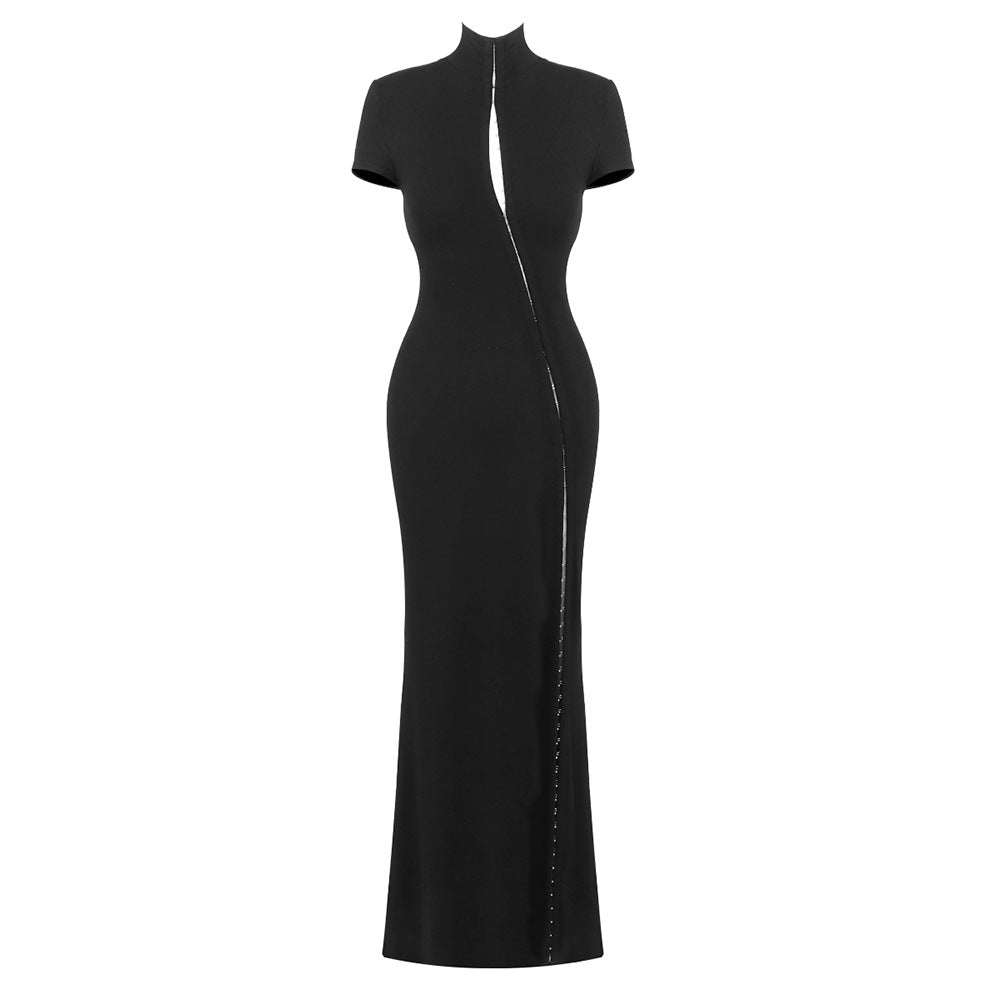 Vespera Black Keyhole Maxi Dress with High Thigh Slit