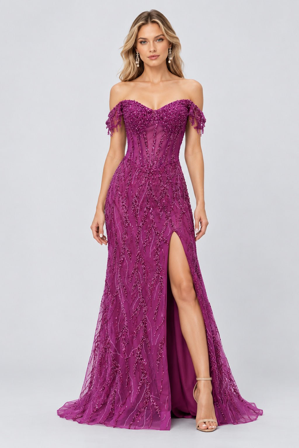 Violettine Off-Shoulder Beaded Corset Maxi Dress - Plum_-_selmori.com_-_01