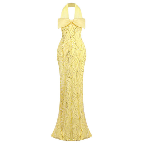 Vitesse Halter Maxi Dress with Bow in Yellow