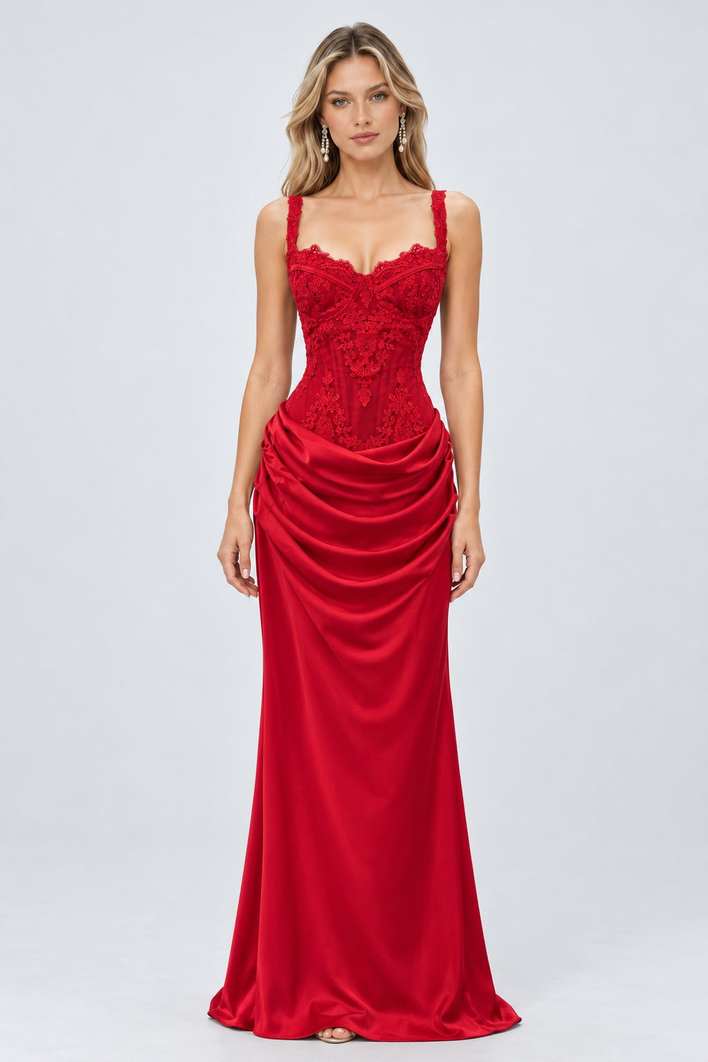 Ysélie Lace Corset Draped Maxi Dress - Red_-_selmori.com_-_01