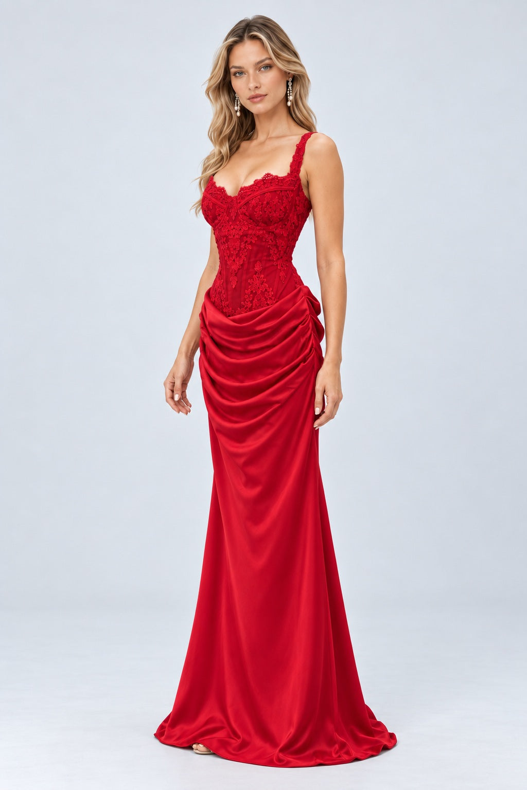 Ysélie Lace Corset Draped Maxi Dress - Red_-_selmori.com_-_05