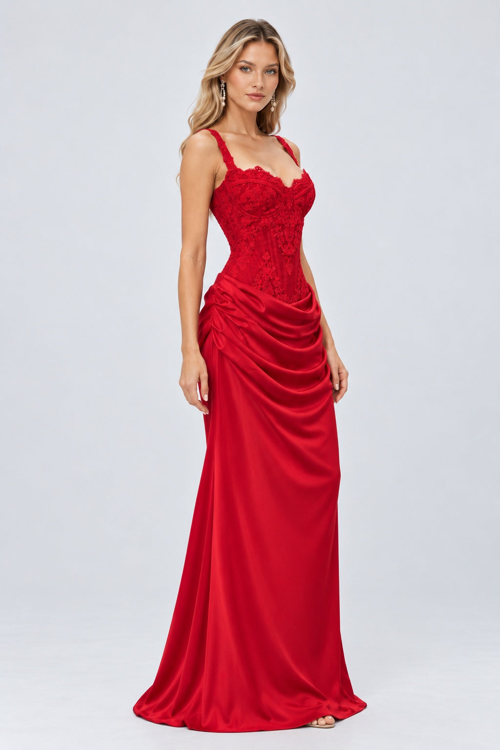 Ysélie Lace Corset Draped Maxi Dress - Red_-_selmori.com_-_06