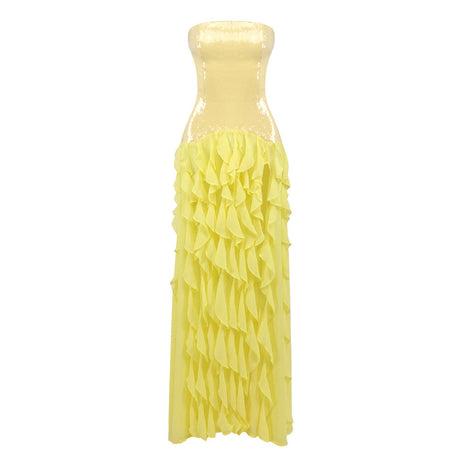Selmori Geneviève Strapless Ruffled Maxi Dress Yellow