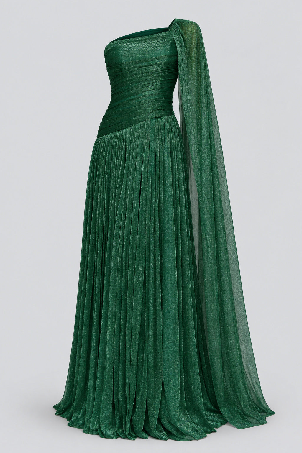 Elorine emerald green one shoulder glitter tulle maxi dress front product view