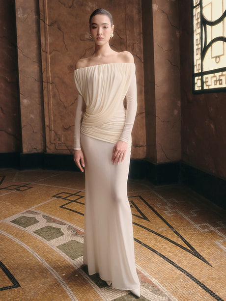 Selmori Apolline Off-Shoulder Draped Evening Maxi Dress