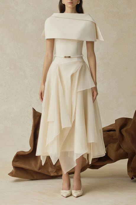 Selmori Clarisse White Asymmetrical Shawl & Tulle Panel Dress Set