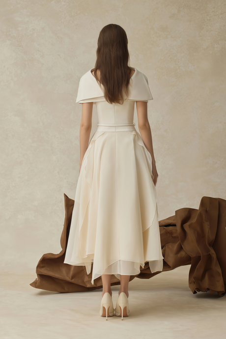 Selmori Clarisse White Asymmetrical Shawl & Tulle Panel Dress Set