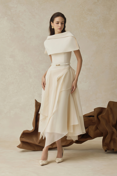 Selmori Clarisse White Asymmetrical Shawl & Tulle Panel Dress Set White