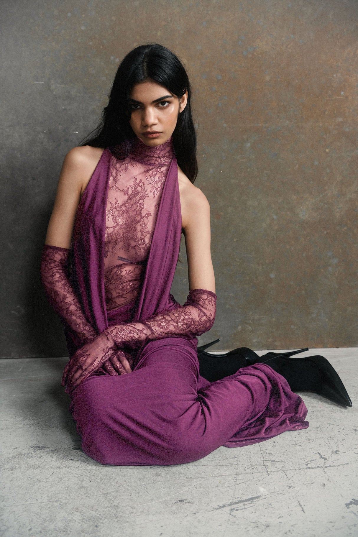 Selmori Célestine Magenta Lace Bodice Ruched Maxi Dress