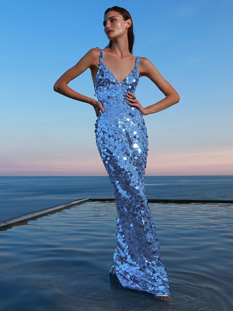 Selmori Éliane Sequin Evening Maxi Dress Blue