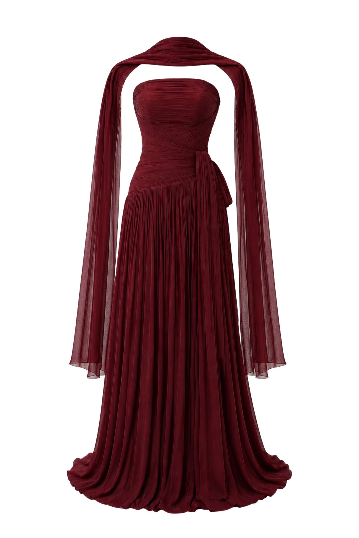 Oiseau Strapless Pleated Maxi Dress with Scarf