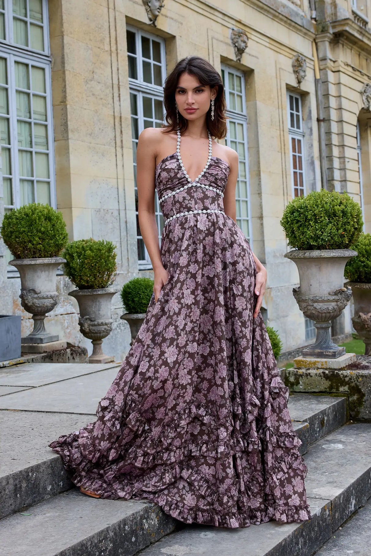 Opéra Floral Plunge Slit Maxi Dress