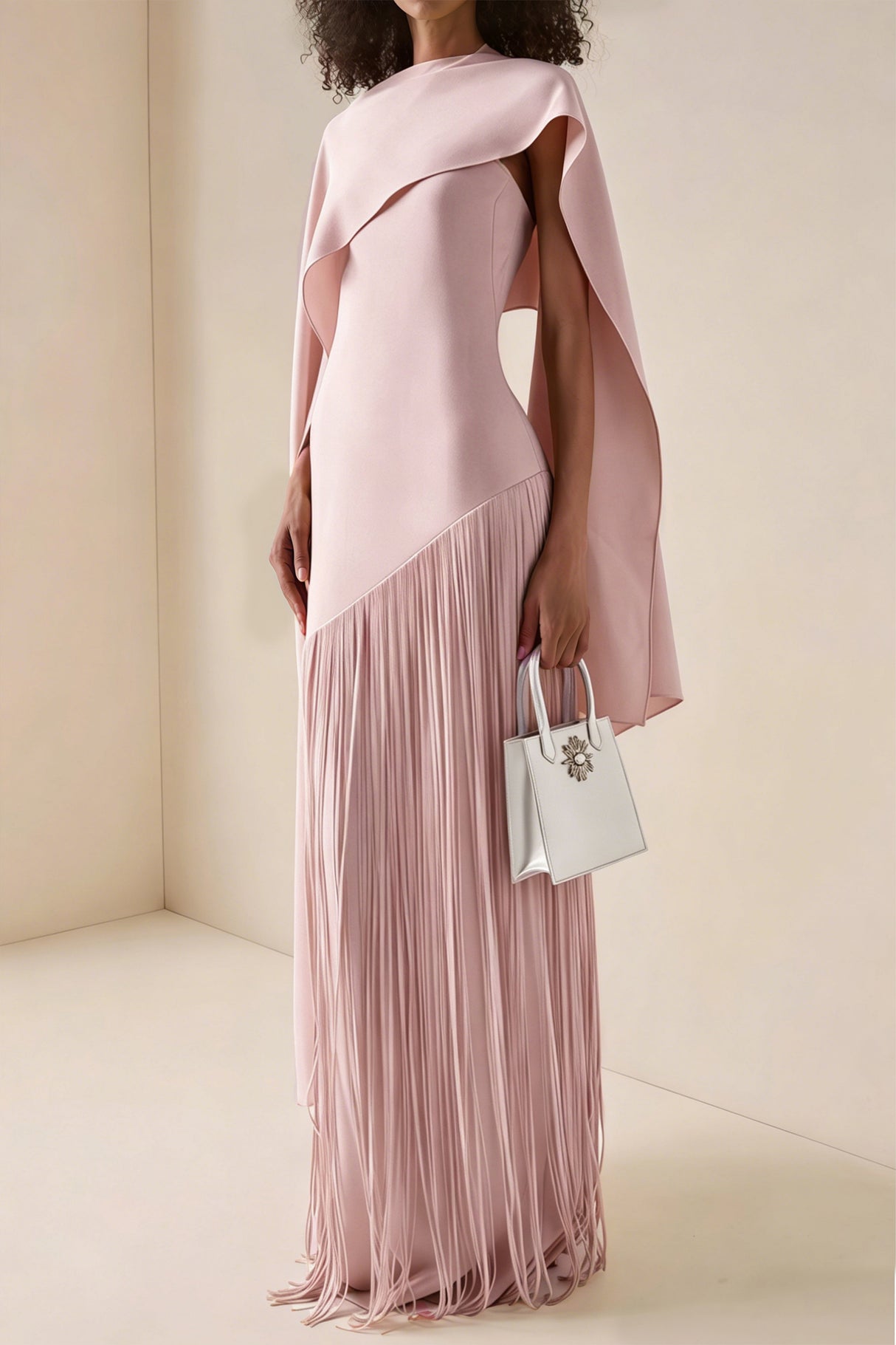 Apparat Fringed Maxi Dress with Shawl / Light Pink
