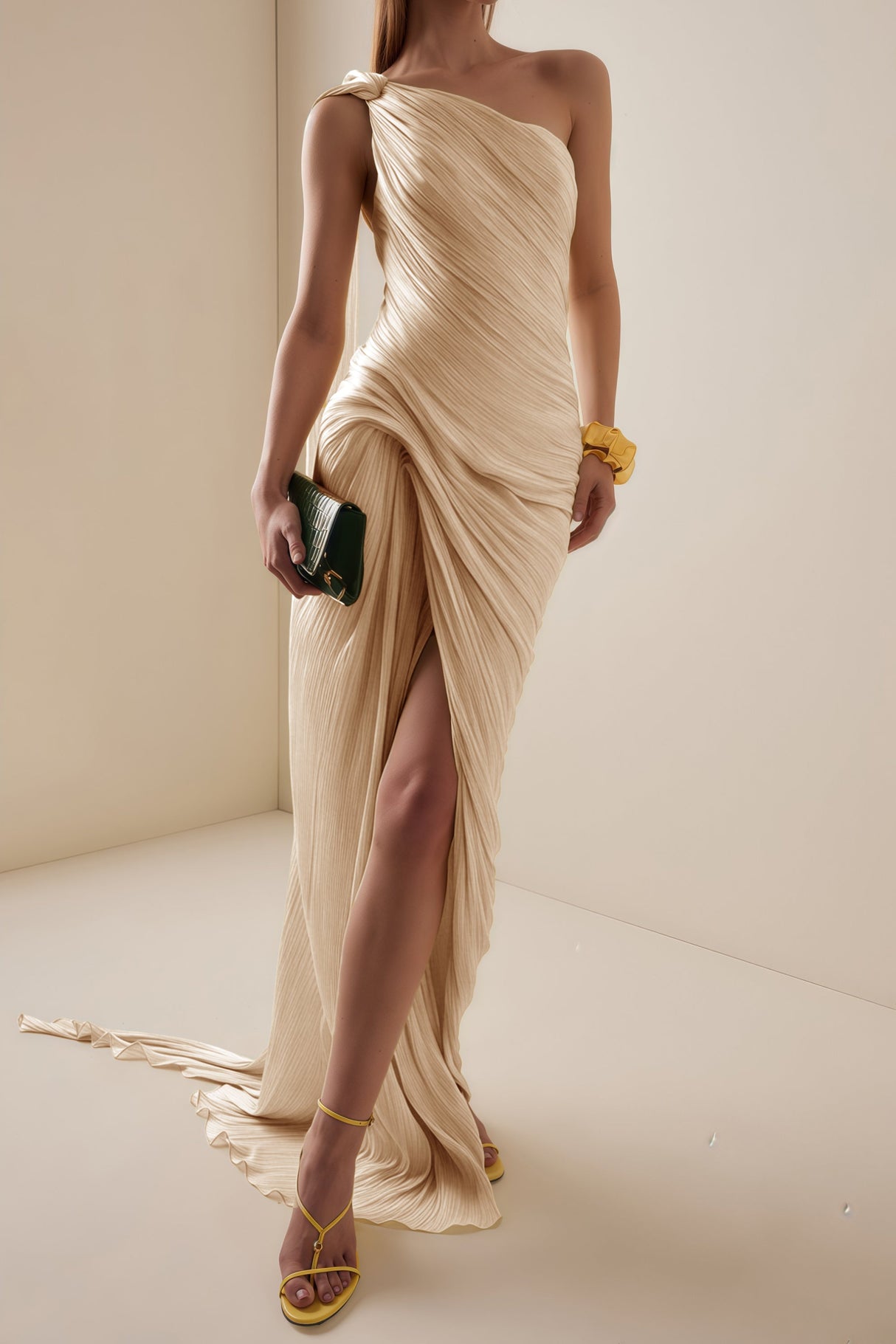 Cocon Asymmetrical Ruched Maxi Dress / Beige