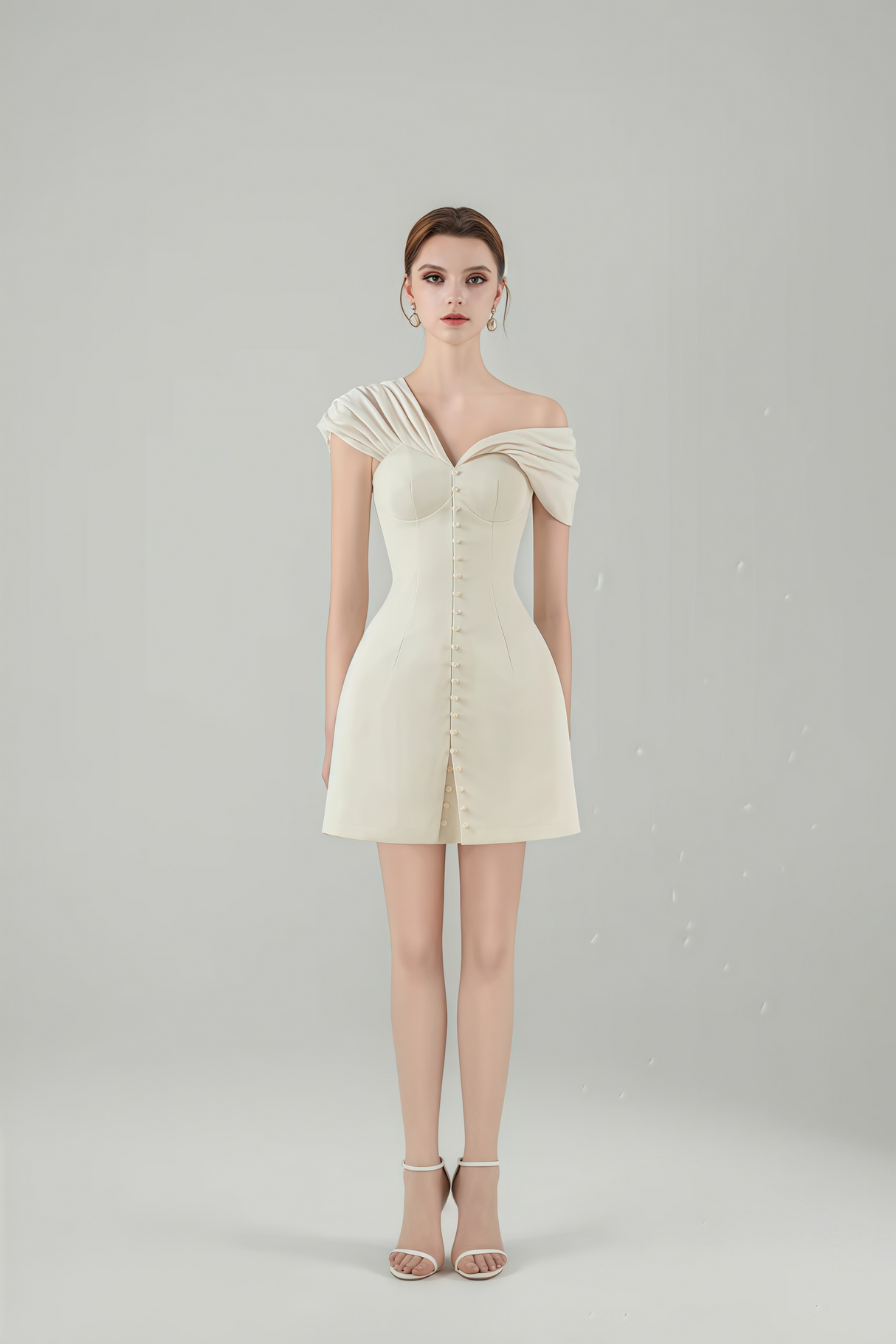 Josiane Cream White Plunge Neck Ruched Mini Dress