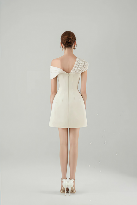 Josiane Cream White Plunge Neck Ruched Mini Dress