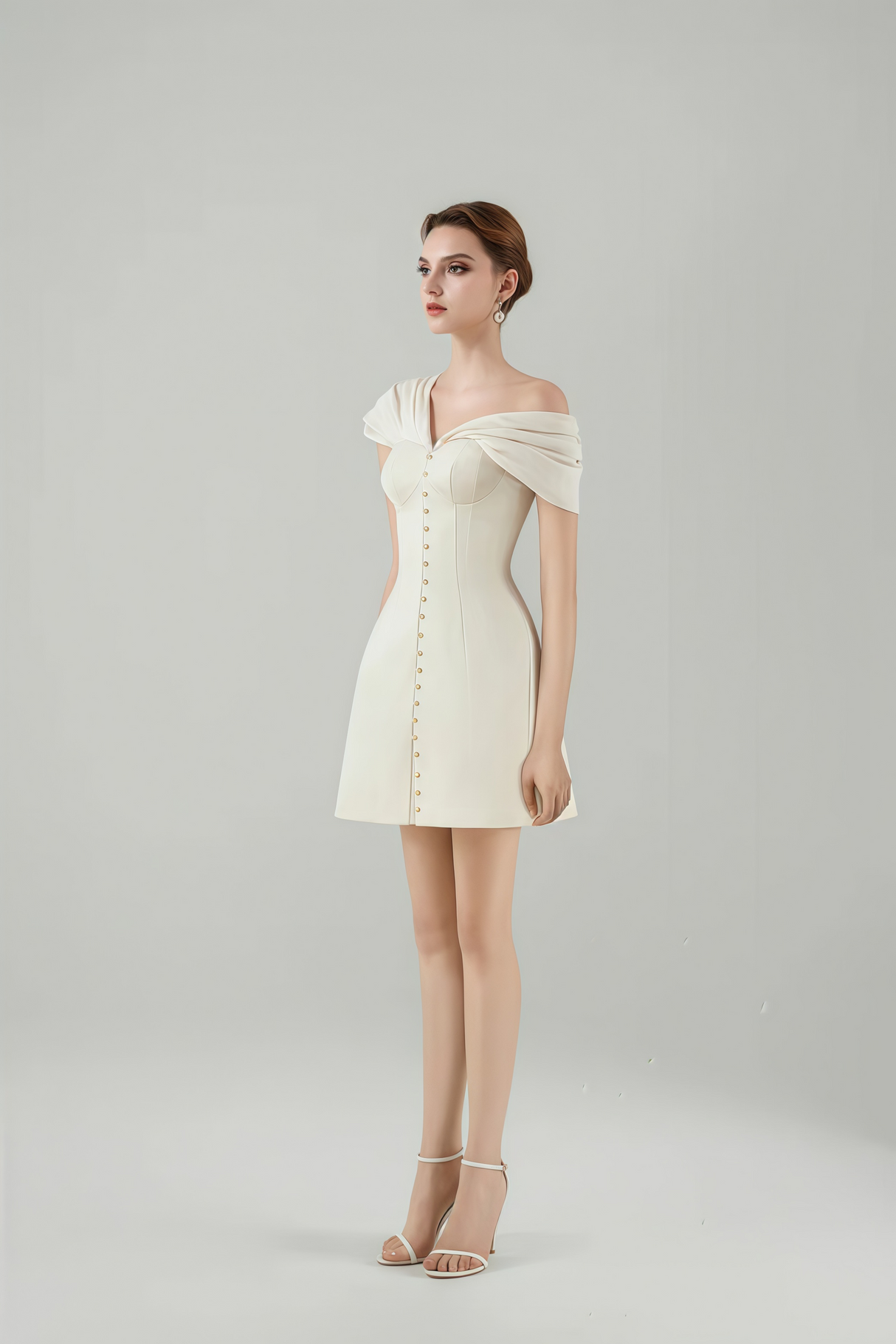 Josiane Cream White Plunge Neck Ruched Mini Dress