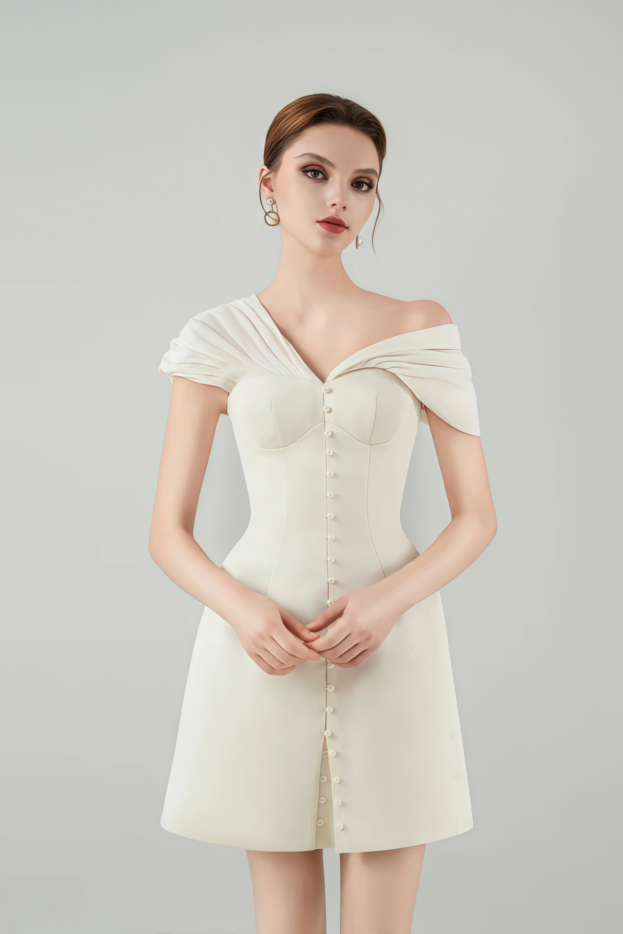 Josiane Cream White Plunge Neck Ruched Mini Dress