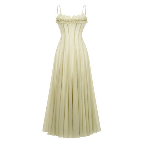 Olympe Ruffled Shirred Tulle Maxi Dress Green