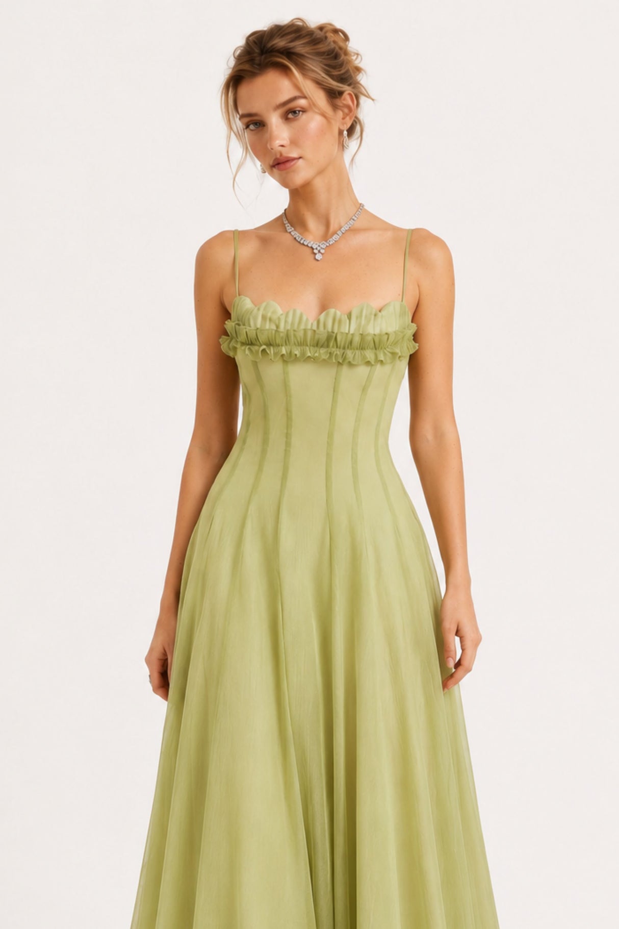 Olympe Ruffled Shirred Tulle Maxi Dress Green