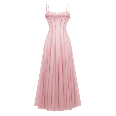 Olympe Ruffled Shirred Tulle Maxi Dress Pink