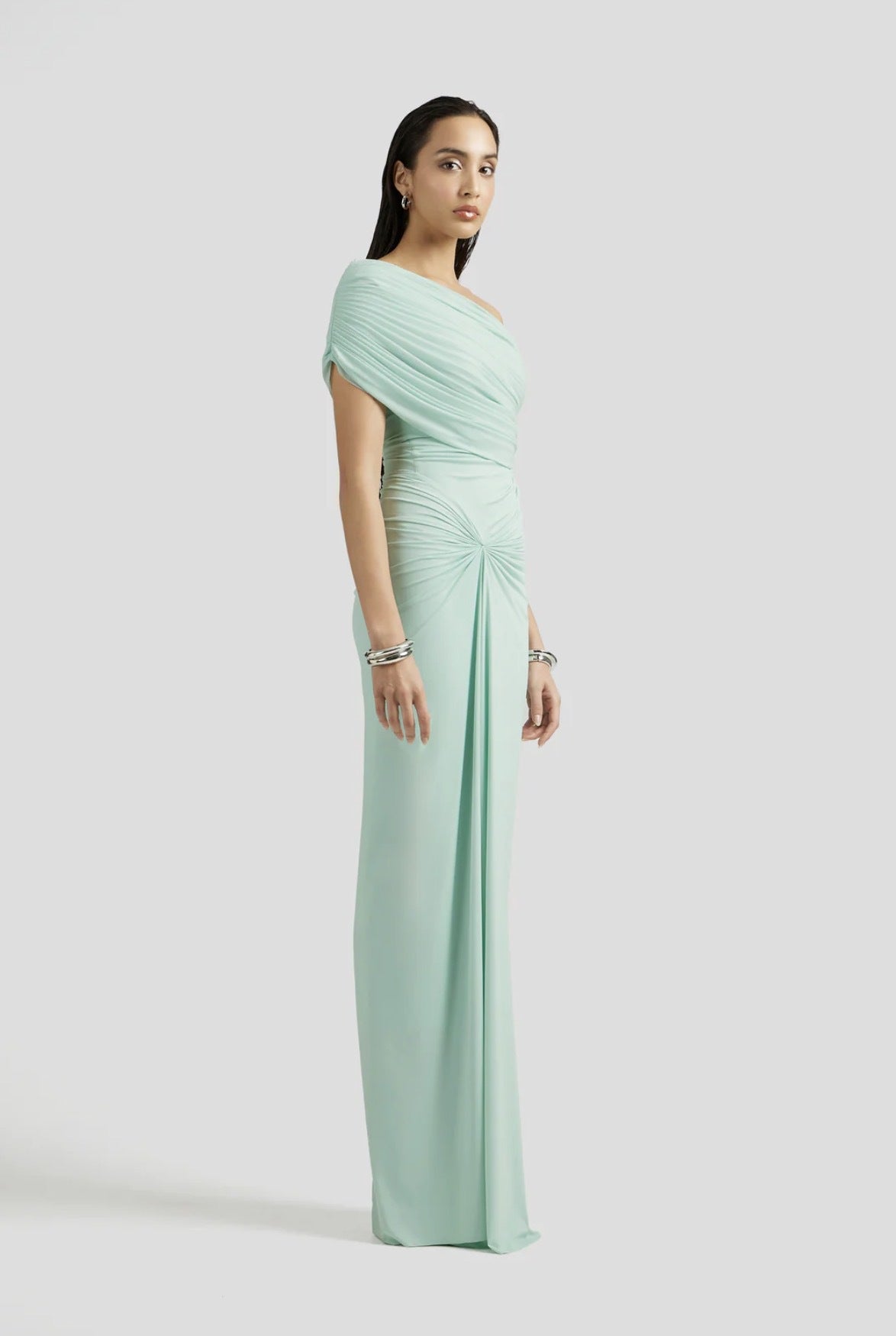 Osmanthe Asymmetrical Ruched Tulle Maxi Dress / Green