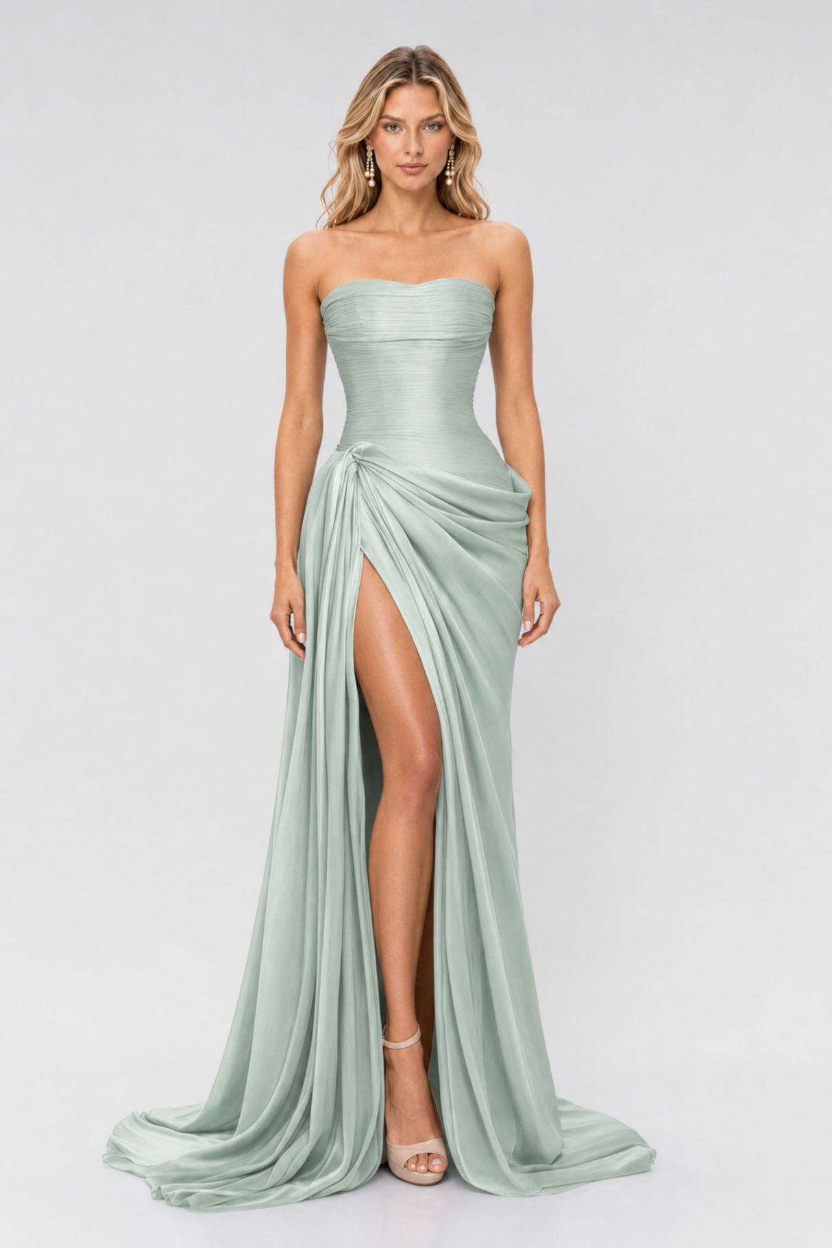 Vanessa Strapless Corset Ruched Maxi Dress / Green