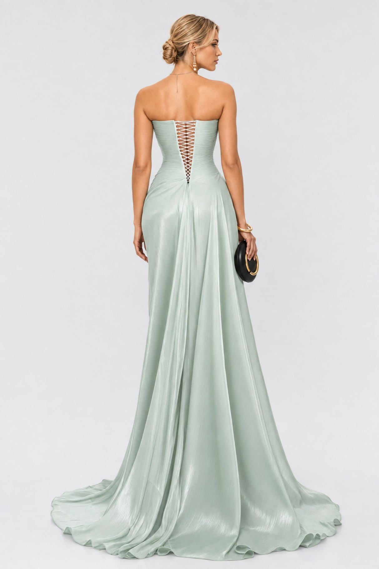 Vanessa Strapless Corset Ruched Maxi Dress / Green